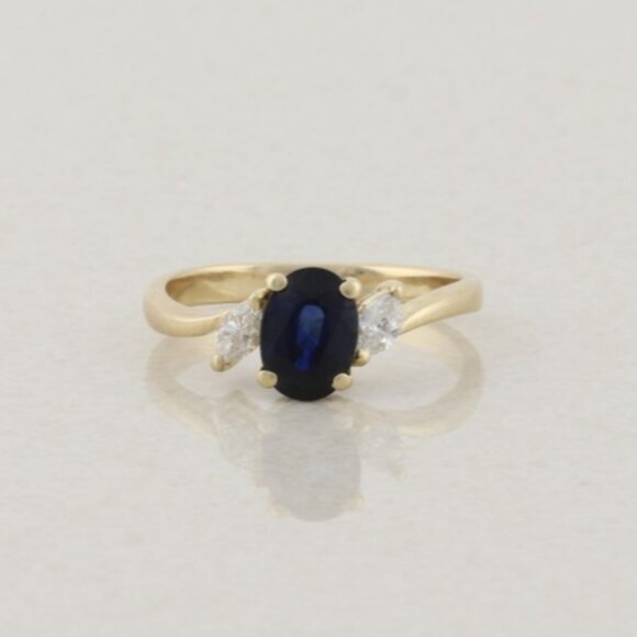 14k Yellow Gold Natural Blue Sapphire and Diamond Ring Size 6 - Picture 1 of 7
